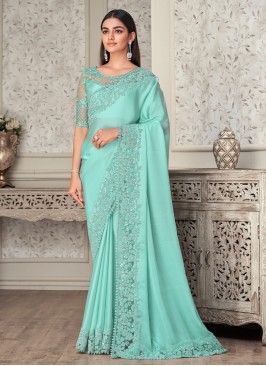 Turquoise Embroidered Georgette Satin Contemporary Saree