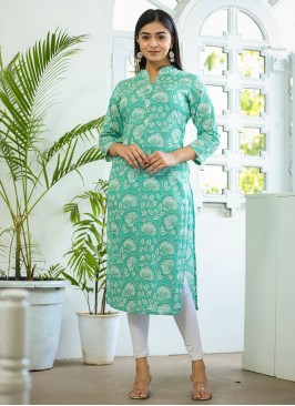 Turquoise Festival Cotton Designer Kurti