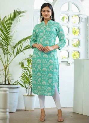 Turquoise Festival Cotton Designer Kurti