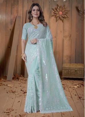 Turquoise Georgette Classic Saree