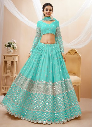 Turquoise Georgette Party A Line Lehenga Choli