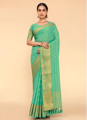 Turquoise Kanjivaram Silk Border Trendy Saree