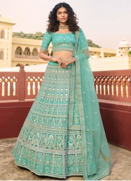 Turquoise Mehndi Organza Lehenga Choli