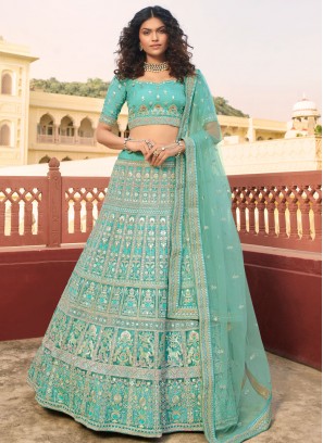 Turquoise Mehndi Organza Lehenga Choli