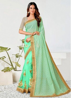 Turquoise Net Embroidered Trendy Saree