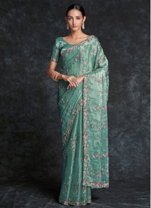 Turquoise Organza Sangeet Contemporary Saree