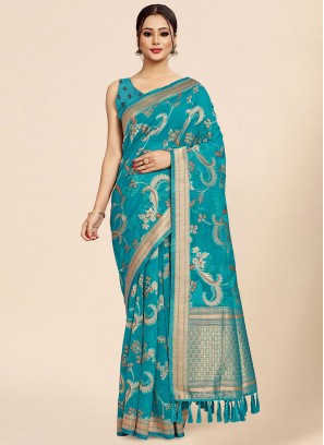 Turquoise Organza Weaving Contemporary Style Saree
