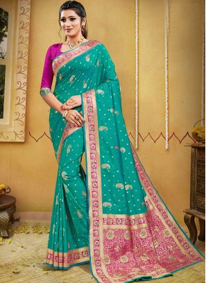 Turquoise Silk Zari Work Fancy Saree
