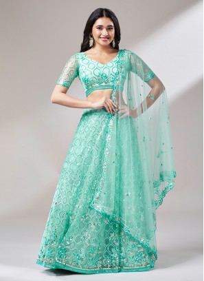 Turquoise Thread Work Net Trendy Lehenga Choli
