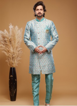 Turquoise Twilight: Banarasi Jacquard Semi-Indo We