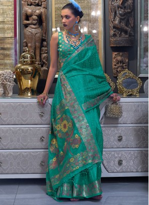 Turquoise Weaving Mehndi Classic Saree