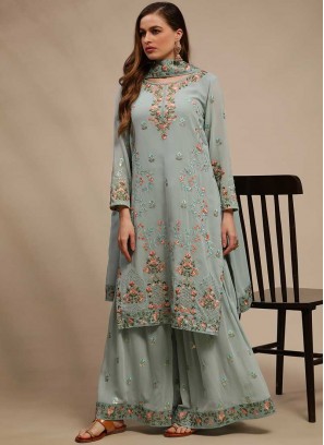 Turuoise Color Georgette Floral Work Dress Material