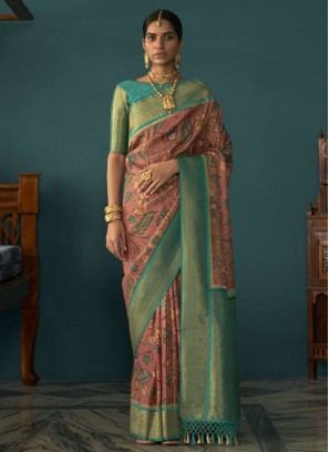 Tussar Silk Blue and Peach Traditional Saree