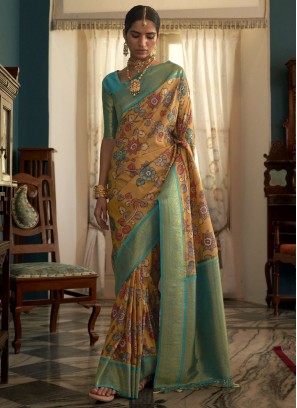 Tussar Silk Blue and Yellow Floral Print Saree