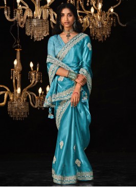 Tussar Silk Border Traditional Saree in Firozi