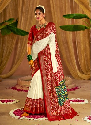 Tussar Silk Designer Saree in Off White