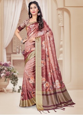 Tussar Silk Digital Print Pink Printed Saree