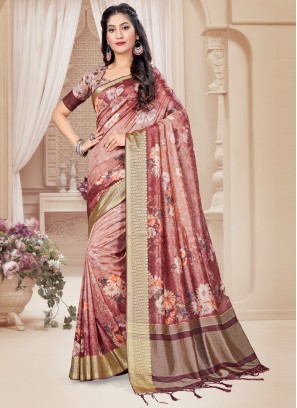 Tussar Silk Digital Print Pink Printed Saree