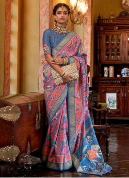 Tussar Silk Digital Print Pink Saree