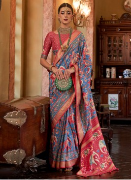 Tussar Silk Digital Print Trendy Saree in Blue