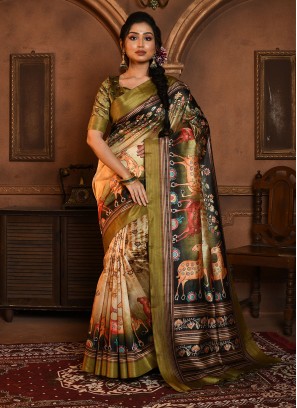 Tussar Silk Printed Trendy Saree in Green