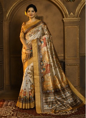 Tussar Silk Printed Yellow Contemporary Saree