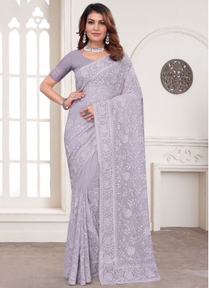 Unique Lavender Georgette Designer Saree