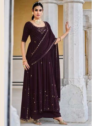 Unique Purple Mirror Work Georgette Party Wear Salwar Suit