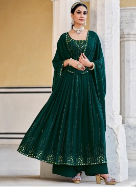 Unique Green Mirror Work Georgette Party Wear Salw