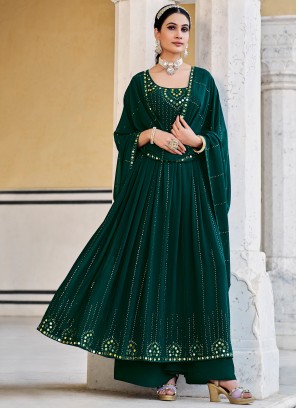 Unique Green Mirror Work Georgette Party Wear Salwar Suit