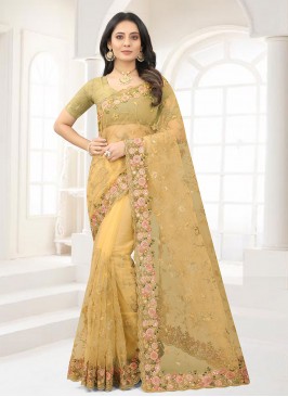 Unique Net Embroidered Mustard Classic Saree