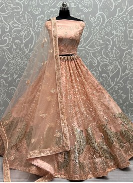 Unique Net Peach Thread Work Designer Lehenga Chol