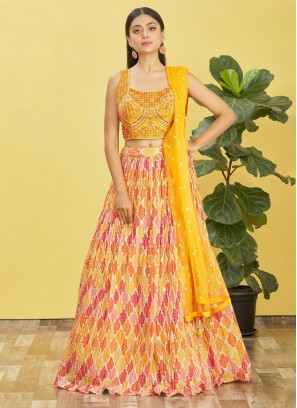 Unique Sequins Orange Chinon A Line Lehenga Choli