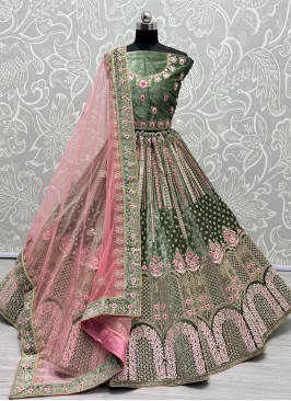 Unique Velvet Multi Green A Line Lehenga Choli