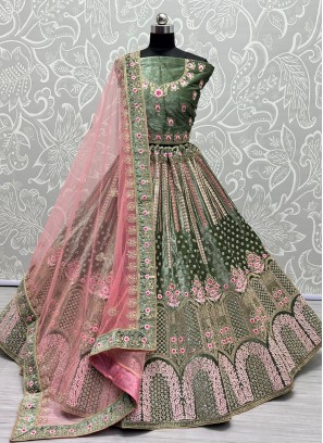 Unique Velvet Multi Green A Line Lehenga Choli