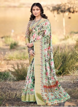 Urbane Border Cotton Sea Green Classic Saree