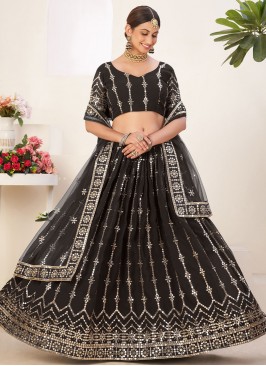 Urbane Faux Georgette Black Embroidered A Line Lehenga Choli