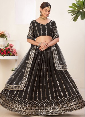 Urbane Faux Georgette Black Embroidered A Line Lehenga Choli