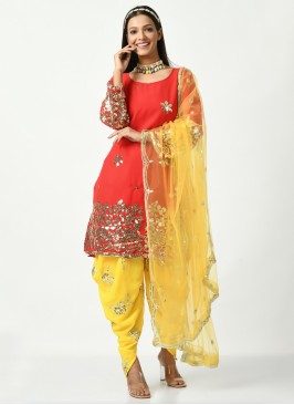 Urbane Red Embroidered Trendy Salwar Kameez