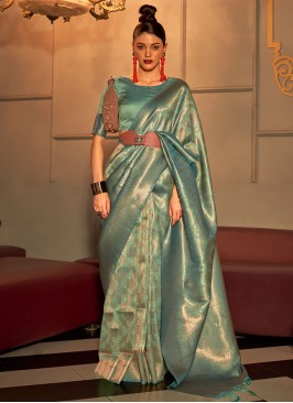 Urbane Weaving Handloom silk Turquoise Contemporary Saree