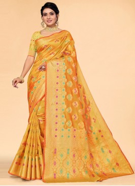 Urbane Yellow Organza Contemporary Style Saree