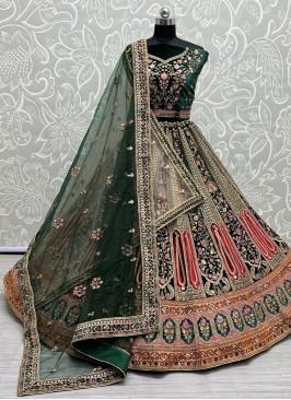 Velvet A Line Lehenga Choli in Green