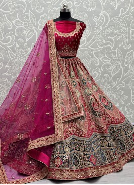 Velvet A Line Lehenga Choli in Rani