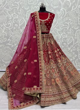 Velvet A Line Lehenga Choli in Rani