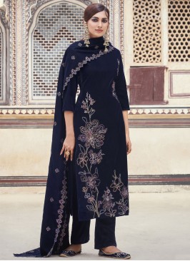 Velvet Designer Salwar Kameez in Navy Blue