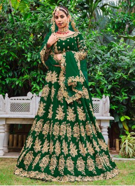 Velvet Dori Work Green Lehenga Choli