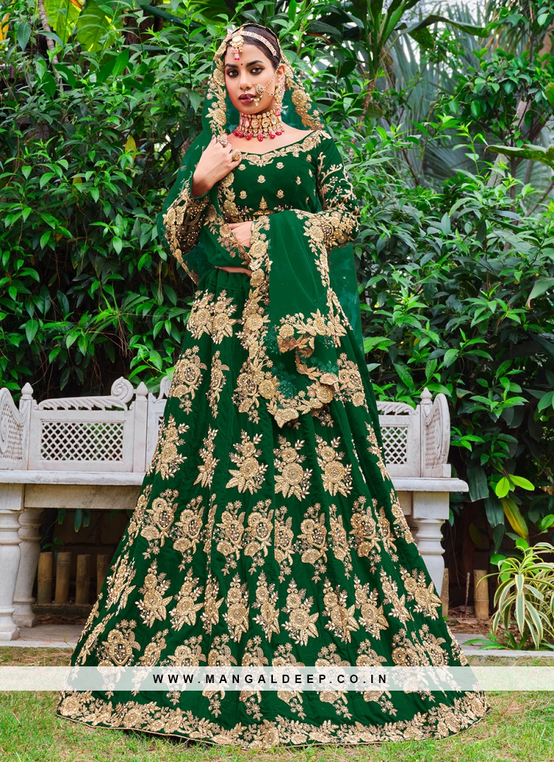 Velvet Dori Work Green Lehenga Choli