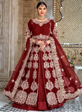 Velvet Embroidered Designer Long Lehenga Choli in Maroon