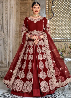 Velvet Embroidered Designer Long Lehenga Choli in Maroon