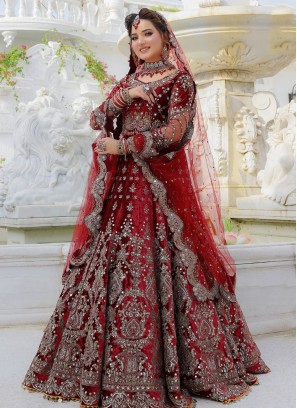 Velvet Embroidered Lehenga Choli in Maroon